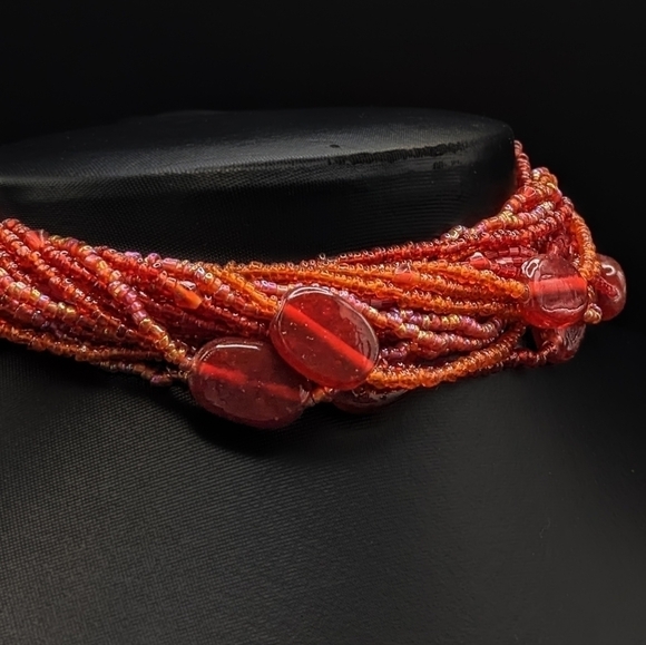 RED Glass Beaded Choker Torsade Necklace - Picture 4 of 6